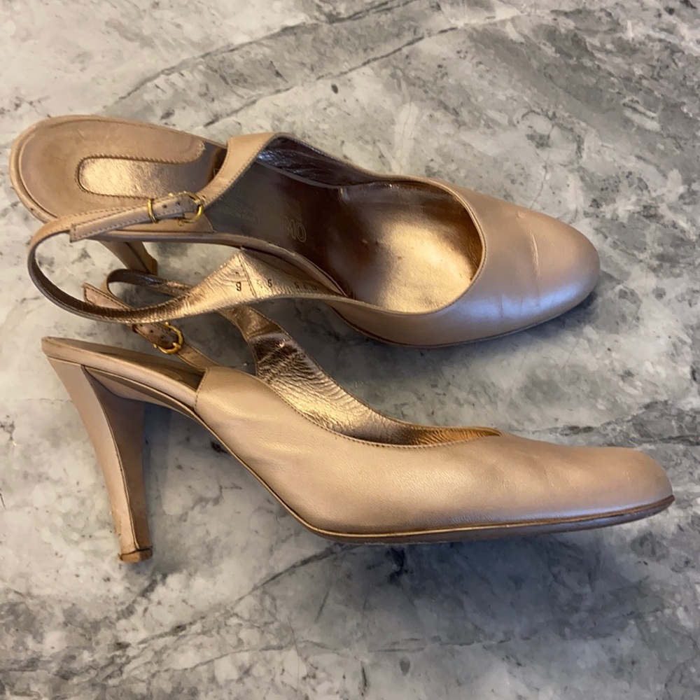 Authentic Salvatore Ferragamo gold sling back heel